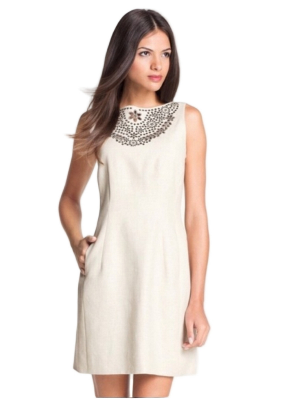 KATE SPADE Domino Natural Black color eyelet embroidered linen dress